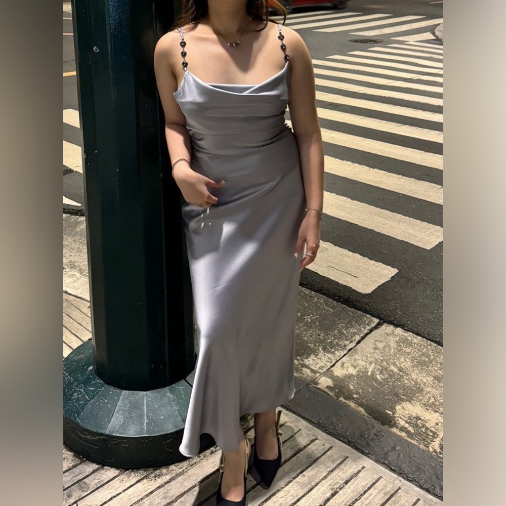 ๐(NWOT) ZARA Bloggers Fav Satin Cowl Neck Midi Dress w/ Rhinestone Straps. SMALL - Picture 10 of 12